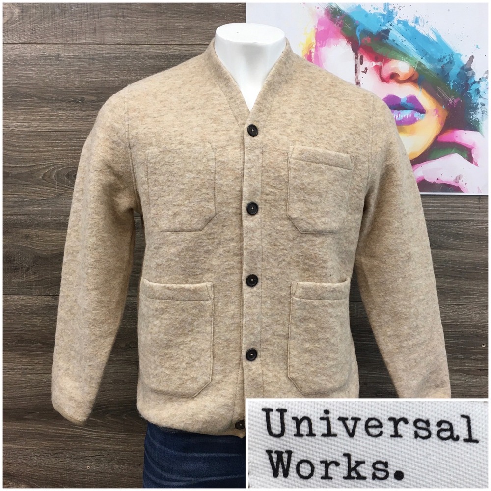 Universal Works Cardigan Mens Large Sand Beige Wool Blend Fleece 4 Pocket Jacket